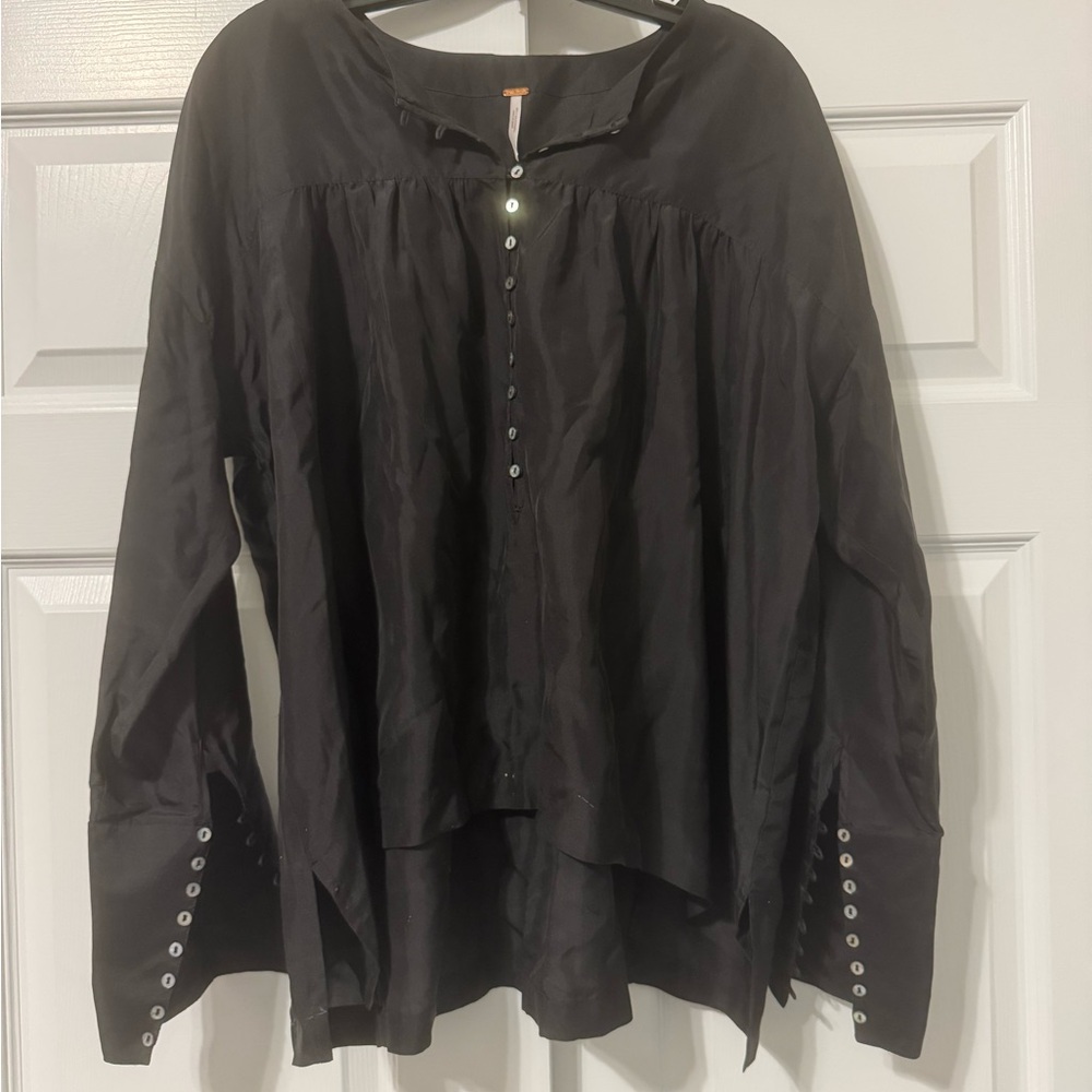 Free People Black Long Sleeve Blouse with Mandarin Collar